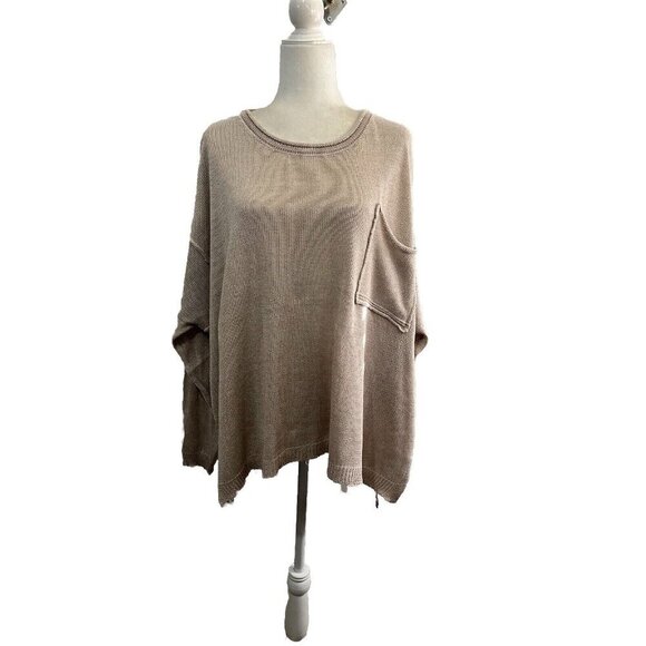 Easel Oversized Knitted Sweater Front Pocket Distressed Hems Size Medium Tan - Picture 2 of 11